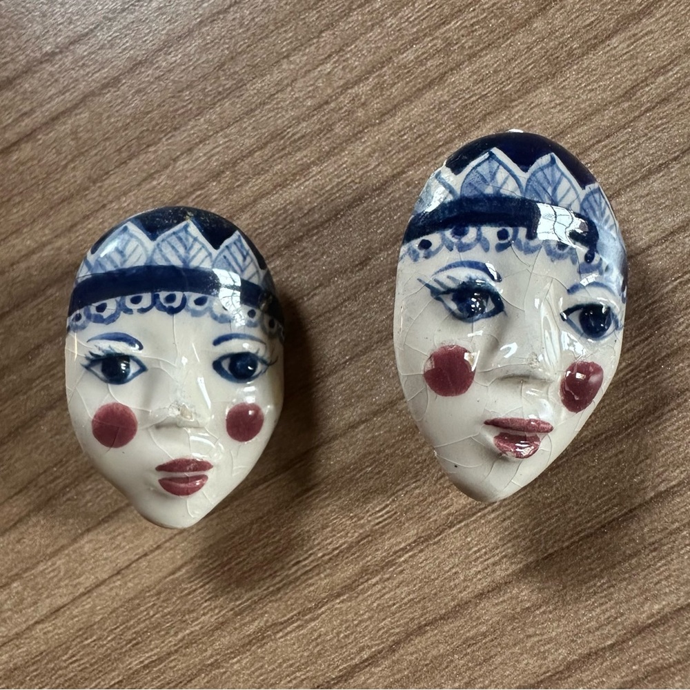 Vintage Ceramic Face Clip-On Earrings | Hand-Painted Whimsical Folk Art Jewelry - Picture 9 of 11
